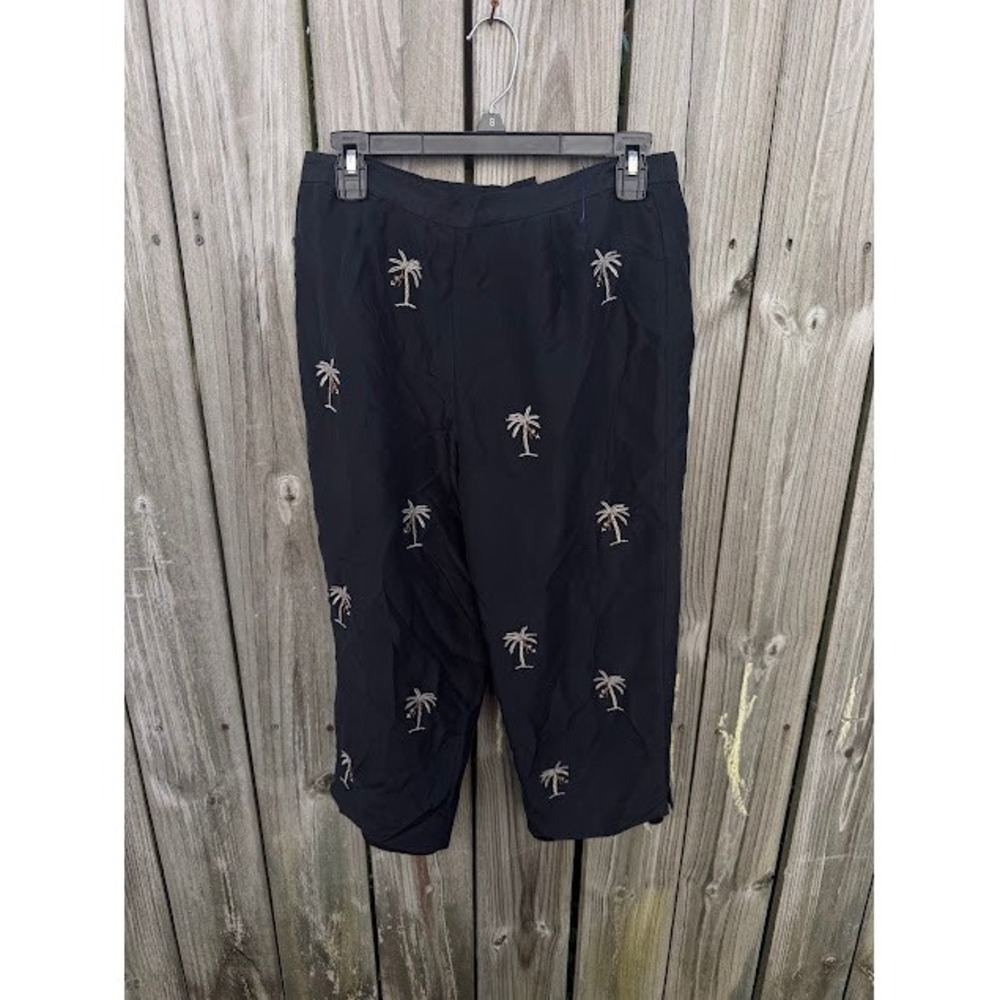 Tropical Resort Coastal Grandma 100% Silk Palm Tree Embroidered Pants 8P Black